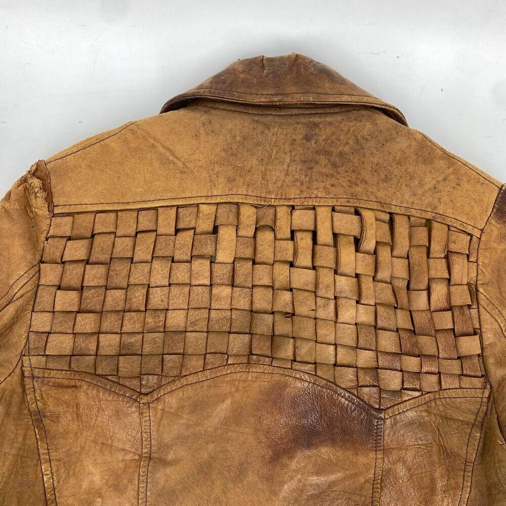 Vintage 70's Bermans Leather Experts Basketweave Brown Leather Jacket Size 38 - Picture 10 of 15